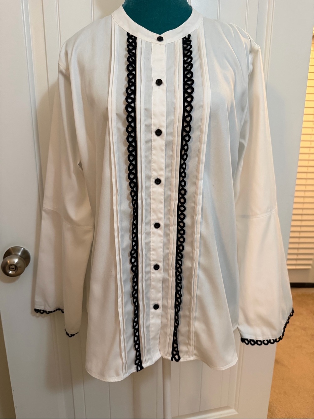 Karl Lagerfeld White Blouse with Black Looped Embroidery Bell Sleeve XL